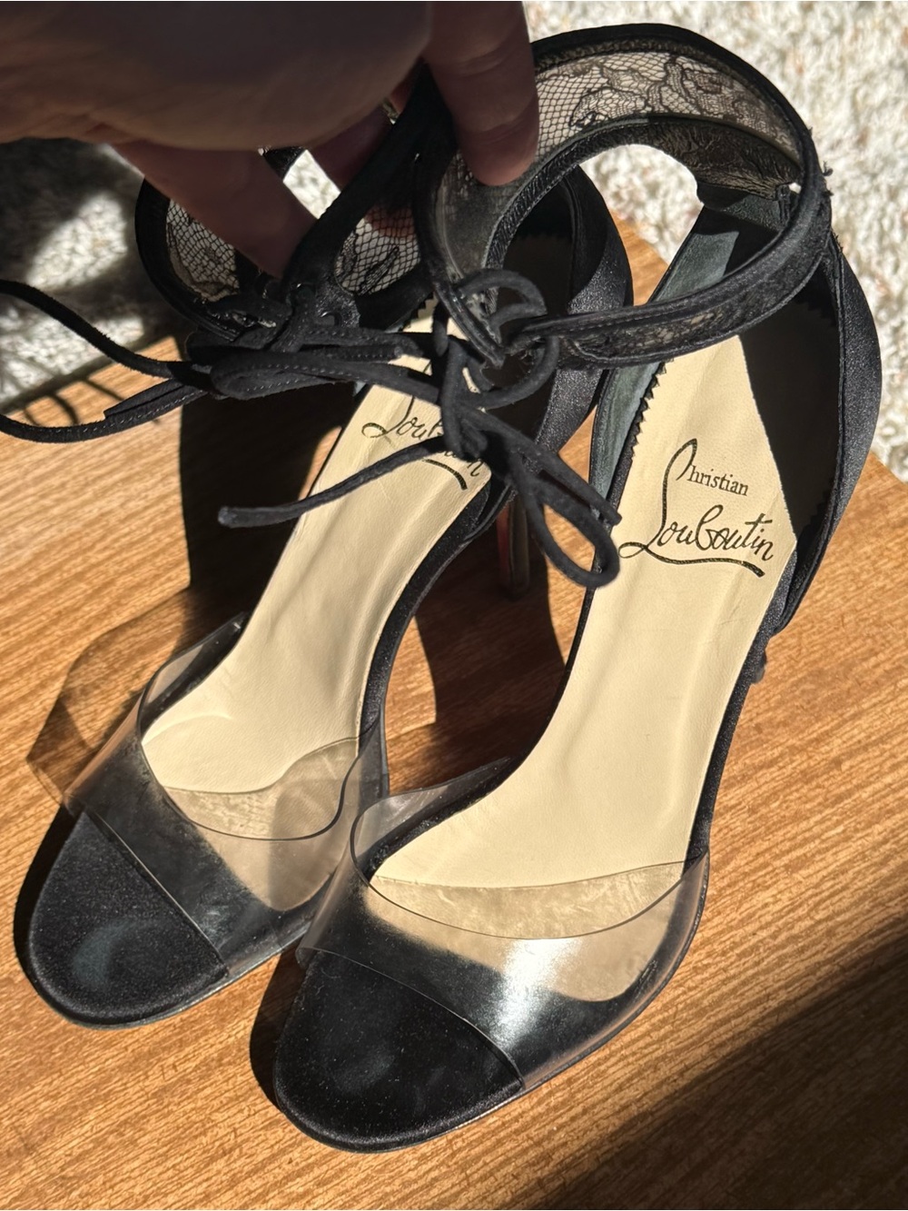 Christian Louboutin Black Lace & Clear Ankle-Tie Sandals
